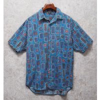 80's【インド製】ビンテージ【Revenge Shirtmaker】【水色】総柄【コットン】半袖シャツ 【サイズM】 