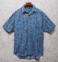 80's【インド製】ビンテージ【Revenge Shirtmaker】【水色】総柄【コットン】半袖シャツ 【サイズM】 
