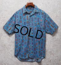 80's【インド製】ビンテージ【Revenge Shirtmaker】【水色】総柄【コットン】半袖シャツ 【サイズM】 