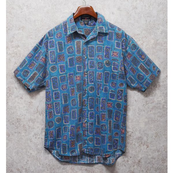 画像1: 80's【インド製】ビンテージ【Revenge Shirtmaker】【水色】総柄【コットン】半袖シャツ 【サイズM】 