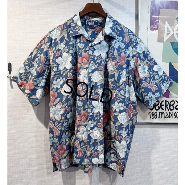 画像1: 90's 【ビンテージ】 POLO RALPH LAUREN【ラルフローレン】オールドラルフローレン【CLAYTON】花【水色】総柄 半袖開襟シャツ 【サイズL】  