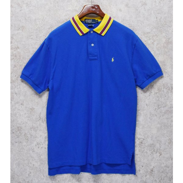 画像1: 90's【ラルフローレン】POLO RALPH LAUREN 【青×黄色襟】【無地】左胸ロゴ刺繍【ポロシャツ】【サイズＬ】  