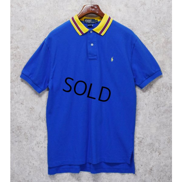 画像1: 90's【ラルフローレン】POLO RALPH LAUREN 【青×黄色襟】【無地】左胸ロゴ刺繍【ポロシャツ】【サイズＬ】  