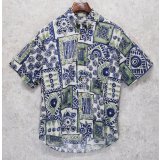 【ビンテージ】north country【ノースカントリー】【紺×白×緑】【総柄】【コットン】半袖開襟シャツ【BDシャツ】【サイズＭ】  