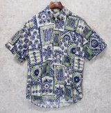 【ビンテージ】north country【ノースカントリー】【紺×白×緑】【総柄】【コットン】半袖開襟シャツ【BDシャツ】【サイズＭ】  
