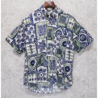 【ビンテージ】north country【ノースカントリー】【紺×白×緑】【総柄】【コットン】半袖開襟シャツ【BDシャツ】【サイズＭ】  