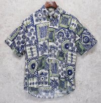 【ビンテージ】north country【ノースカントリー】【紺×白×緑】【総柄】【コットン】半袖開襟シャツ【BDシャツ】【サイズＭ】  