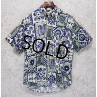 【ビンテージ】north country【ノースカントリー】【紺×白×緑】【総柄】【コットン】半袖開襟シャツ【BDシャツ】【サイズＭ】  