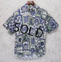【ビンテージ】north country【ノースカントリー】【紺×白×緑】【総柄】【コットン】半袖開襟シャツ【BDシャツ】【サイズＭ】  