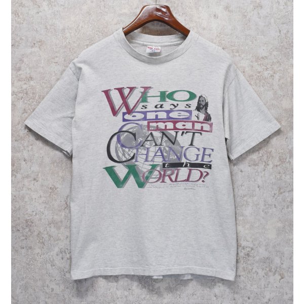 画像1: 90’s【USA製】【ビンテージ】【SOF TEE】【Who says one man can't change the WORLD?】グレー【キリスト】【Tシャツ】【サイズＬ】 