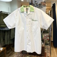〜70’ｓ【HEGRA】【白ｘ黄緑】【刺繍】【GAMBLERS E.B.C MAINZ】【ボーリングシャツ】【半袖シャツ】【サイズM程度】  