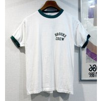【70's】【USA製】【ビンテージ】【チャンピオン】【Champion】【BROOKS CREW】染み込みプリント【白ｘ緑】【リンガーTシャツ】【サイズL】 
