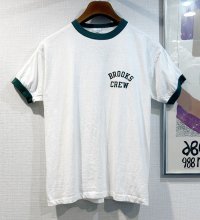 【70's】【USA製】【ビンテージ】【チャンピオン】【Champion】【BROOKS CREW】染み込みプリント【白ｘ緑】【リンガーTシャツ】【サイズL】 