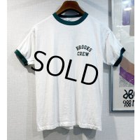 【70's】【USA製】【ビンテージ】【チャンピオン】【Champion】【BROOKS CREW】染み込みプリント【白ｘ緑】【リンガーTシャツ】【サイズL】 