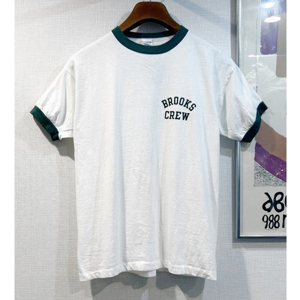 画像1: 【70's】【USA製】【ビンテージ】【チャンピオン】【Champion】【BROOKS CREW】染み込みプリント【白ｘ緑】【リンガーTシャツ】【サイズL】 