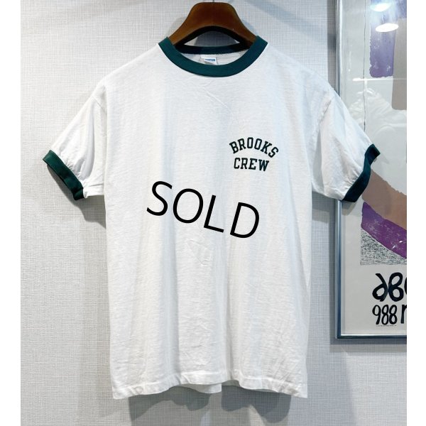 画像1: 【70's】【USA製】【ビンテージ】【チャンピオン】【Champion】【BROOKS CREW】染み込みプリント【白ｘ緑】【リンガーTシャツ】【サイズL】 