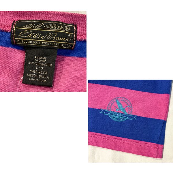 画像2: 〜90's USA製 ビンテージ【Eddie Bauer】【エディーバウアー】【青ｘ赤ピンク】【ボーダー】【Tシャツ】【サイズＬ】 