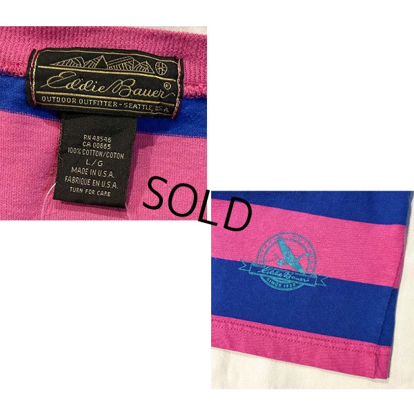 画像2: 〜90's USA製 ビンテージ【Eddie Bauer】【エディーバウアー】【青ｘ赤ピンク】【ボーダー】【Tシャツ】【サイズＬ】 