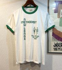  デッドストック 【未使用】80's【USA製】スクリーンスターズ【ビンテージ】【NEW LENOX METHODIST】白ｘ緑【リンガーTシャツ】【サイズＬ】 