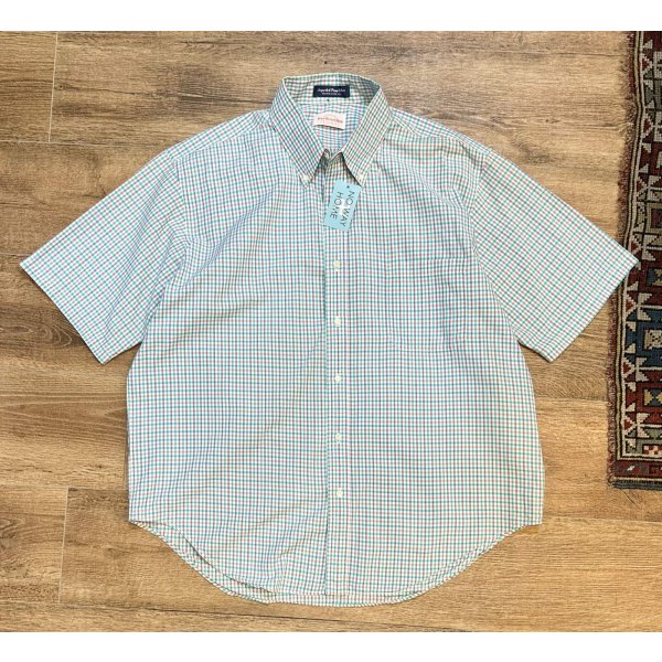 画像1: USA製【ビンテージ】JIM's Oxford shop【水色】【チェック】【コットン】半袖【ボタンダウンシャツ】【サイズXL】  