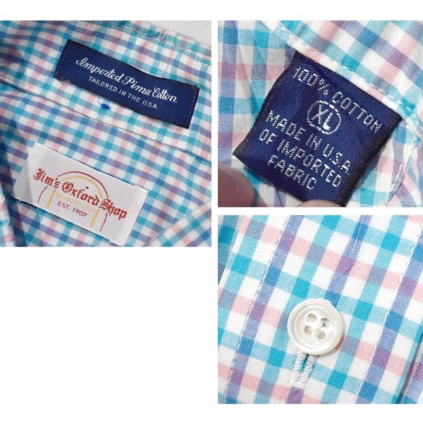 画像2: USA製【ビンテージ】JIM's Oxford shop【水色】【チェック】【コットン】半袖【ボタンダウンシャツ】【サイズXL】  