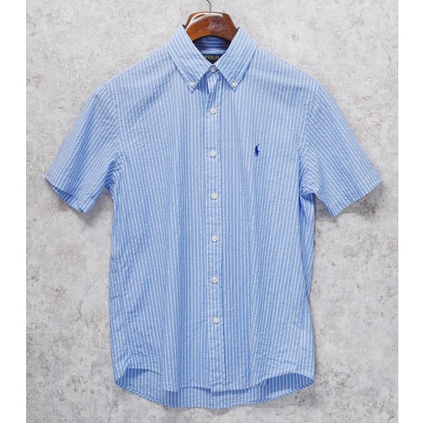 画像1: ビンテージ 【POLO RALPH LAUREN】【ラルフローレン】【RL UNTUCKED FIT】【青×白】ストライプ【シアサッカー】半袖シャツ 【サイズS】  