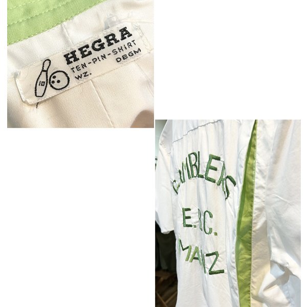 画像2: 〜70’ｓ【HEGRA】【白ｘ黄緑】【刺繍】【GAMBLERS E.B.C MAINZ】【ボーリングシャツ】【半袖シャツ】【サイズM程度】  