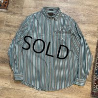 ~90’ｓ【ビンテージ】【エディーバウアー】【Rufton Twill】【緑×エンジ×紺×白】ストライプ【長袖シャツ】【コットンシャツ】【サイズＬ】 