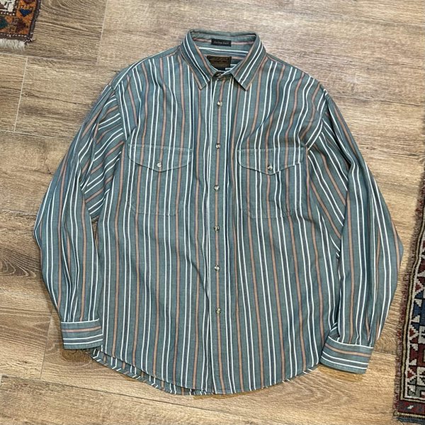 画像1: ~90’ｓ【ビンテージ】【エディーバウアー】【Rufton Twill】【緑×エンジ×紺×白】ストライプ【長袖シャツ】【コットンシャツ】【サイズＬ】 