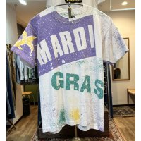 90's USA製 ビンテージ【FRUIT OF THE LOOM 】フルーツオブザルーム【MARDI GRAS】【白】総柄【 Tシャツ】【サイズL】 