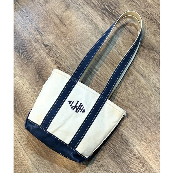 画像1: 90's~【ビンテージ】【L.L.bean】【エルエルビーン】【白×紺】長めハンドル【天マチファスナー付き】【キャンバス】【トートバッグ】【キャンバストート】 