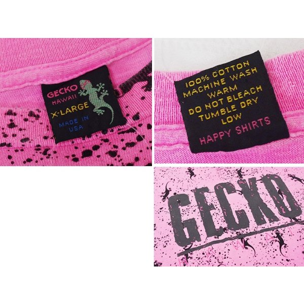 画像2: 90's~ USA製 ビンテージ【GECKO HAWAII】ゲッコーハワイ【ヤモリ】【ピンク×黒プリント】総柄【 Tシャツ】【サイズXL】 