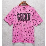 90's~ USA製 ビンテージ【GECKO HAWAII】ゲッコーハワイ【ヤモリ】【ピンク×黒プリント】総柄【 Tシャツ】【サイズXL】 