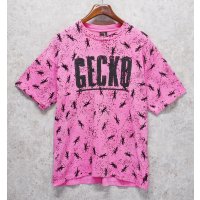 90's~ USA製 ビンテージ【GECKO HAWAII】ゲッコーハワイ【ヤモリ】【ピンク×黒プリント】総柄【 Tシャツ】【サイズXL】 