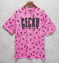 90's~ USA製 ビンテージ【GECKO HAWAII】ゲッコーハワイ【ヤモリ】【ピンク×黒プリント】総柄【 Tシャツ】【サイズXL】 