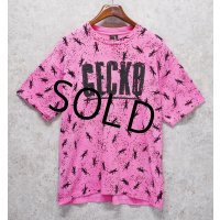 90's~ USA製 ビンテージ【GECKO HAWAII】ゲッコーハワイ【ヤモリ】【ピンク×黒プリント】総柄【 Tシャツ】【サイズXL】 