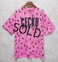90's~ USA製 ビンテージ【GECKO HAWAII】ゲッコーハワイ【ヤモリ】【ピンク×黒プリント】総柄【 Tシャツ】【サイズXL】 