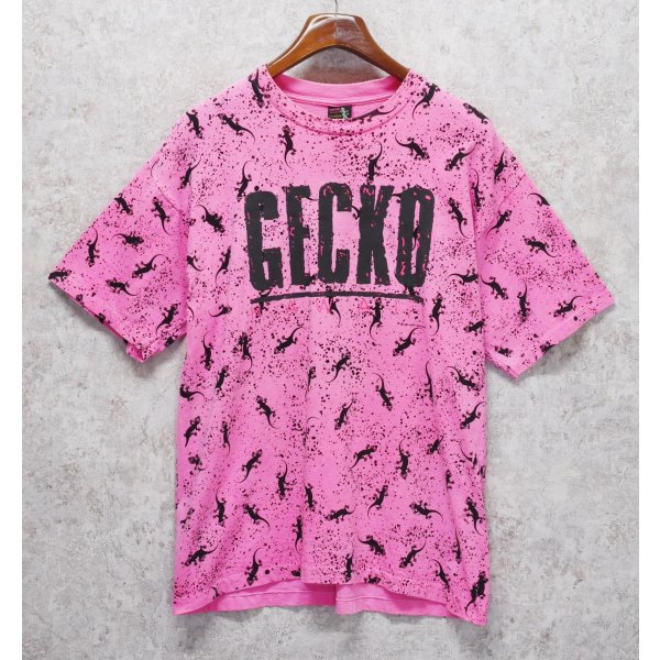 画像1: 90's~ USA製 ビンテージ【GECKO HAWAII】ゲッコーハワイ【ヤモリ】【ピンク×黒プリント】総柄【 Tシャツ】【サイズXL】 