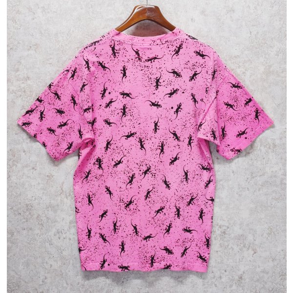 画像3: 90's~ USA製 ビンテージ【GECKO HAWAII】ゲッコーハワイ【ヤモリ】【ピンク×黒プリント】総柄【 Tシャツ】【サイズXL】 