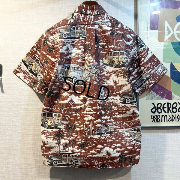 画像3: ほぼ未使用【ビンテージ】reyn spooner【レイン・スプーナー】【赤】【車とビーチ】【総柄】半袖【BDシャツ】【サイズS】  