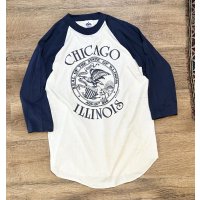 デッドストック 80's【USA製】MILLER【ミラー】ビンテージ【CHICAGO】【ILLINOIS】白ｘ紺【ラグラン】【Ｔシャツ】【サイズＭ】 