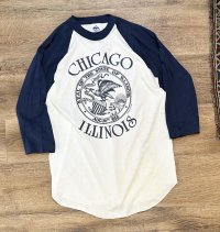 デッドストック 80's【USA製】MILLER【ミラー】ビンテージ【CHICAGO】【ILLINOIS】白ｘ紺【ラグラン】【Ｔシャツ】【サイズＭ】 