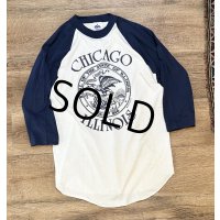 デッドストック 80's【USA製】MILLER【ミラー】ビンテージ【CHICAGO】【ILLINOIS】白ｘ紺【ラグラン】【Ｔシャツ】【サイズＭ】 