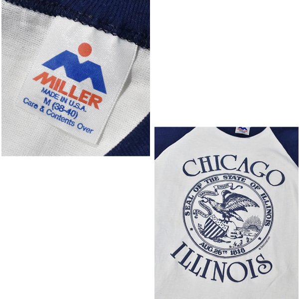 画像2: デッドストック 80's【USA製】MILLER【ミラー】ビンテージ【CHICAGO】【ILLINOIS】白ｘ紺【ラグラン】【Ｔシャツ】【サイズＭ】 
