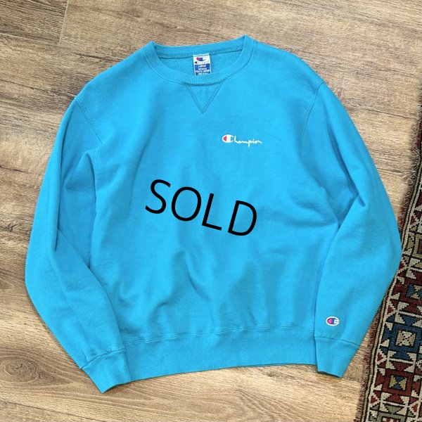 画像1: 90’ｓ【USA製】ビンテージ【Champion】【チャンピオン】前V ターコイズ 無地 胸ロゴ【スウェット】【サイズL】 