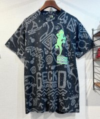 【デッドストック】【USA製】【GECKO】ゲッコー【HAWAII】【ヤモリ】総柄 黒【Tシャツ】【サイズL】 