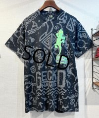 【デッドストック】【USA製】【GECKO】ゲッコー【HAWAII】【ヤモリ】総柄 黒【Tシャツ】【サイズL】 