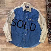 【USA製】【ビンテージ】【RUFF HEWN】ラフ・ヒューン【青×ベージュ】袖切替【デニムシャツ】【サイズＬ】 