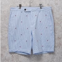 ビンテージ【ブルックスブラザーズ】【Brooks Brothers】白×水色【ストライプ】【シアサッカーパンツ】刺繍入り【ショーツ】半ズボン【短パン】【W34】 