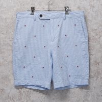 ビンテージ【ブルックスブラザーズ】【Brooks Brothers】白×水色【ストライプ】【シアサッカーパンツ】刺繍入り【ショーツ】半ズボン【短パン】【W34】 